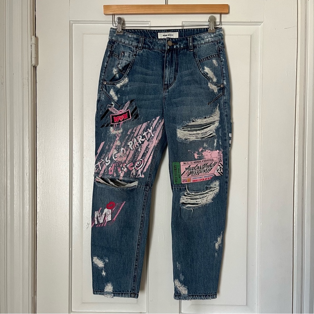 Y2K Miss Sixty Painted Barrel Distressed Denim | size 23